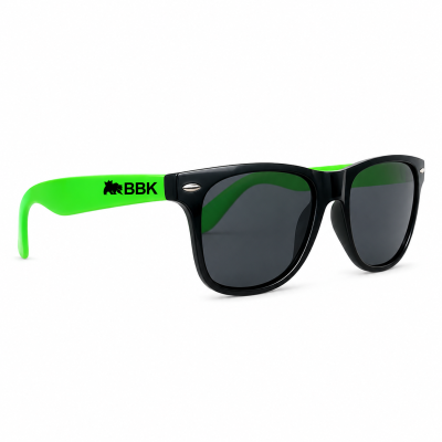 Big Bear Kratom sunglasses with dark tinted lenses and lime green arms complete with Big Bear Kratom logo on the side.